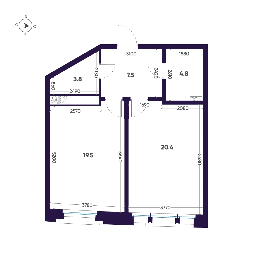 Планировка 1-комнатная 56 м² в доме «Мариинка Deluxe» — Дом «Мариинка Deluxe»