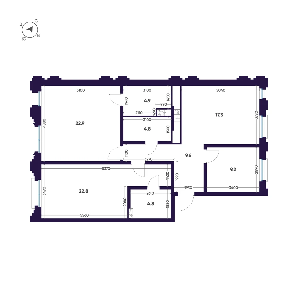 Планировка 3-комнатная 96,3 м² в доме «Мариинка Deluxe» — Дом «Мариинка Deluxe»