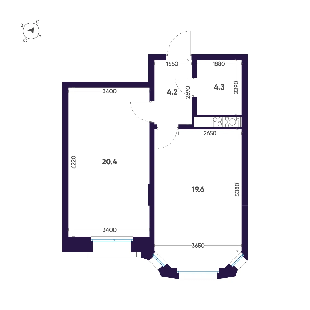 Планировка 1-комнатная 48,5 м² в доме «Мариинка Deluxe» — Дом «Мариинка Deluxe»