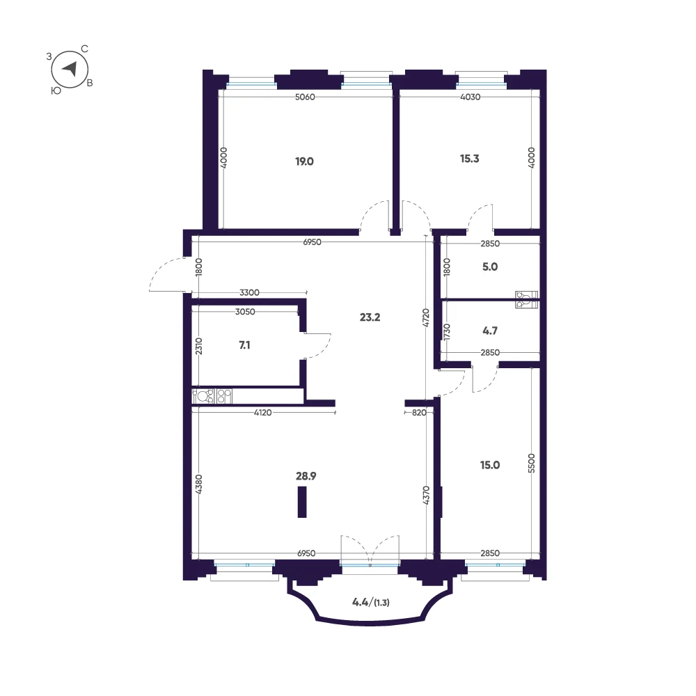 Планировка 3-комнатная 119,5 м² в доме «Мариинка Deluxe» — Дом «Мариинка Deluxe»