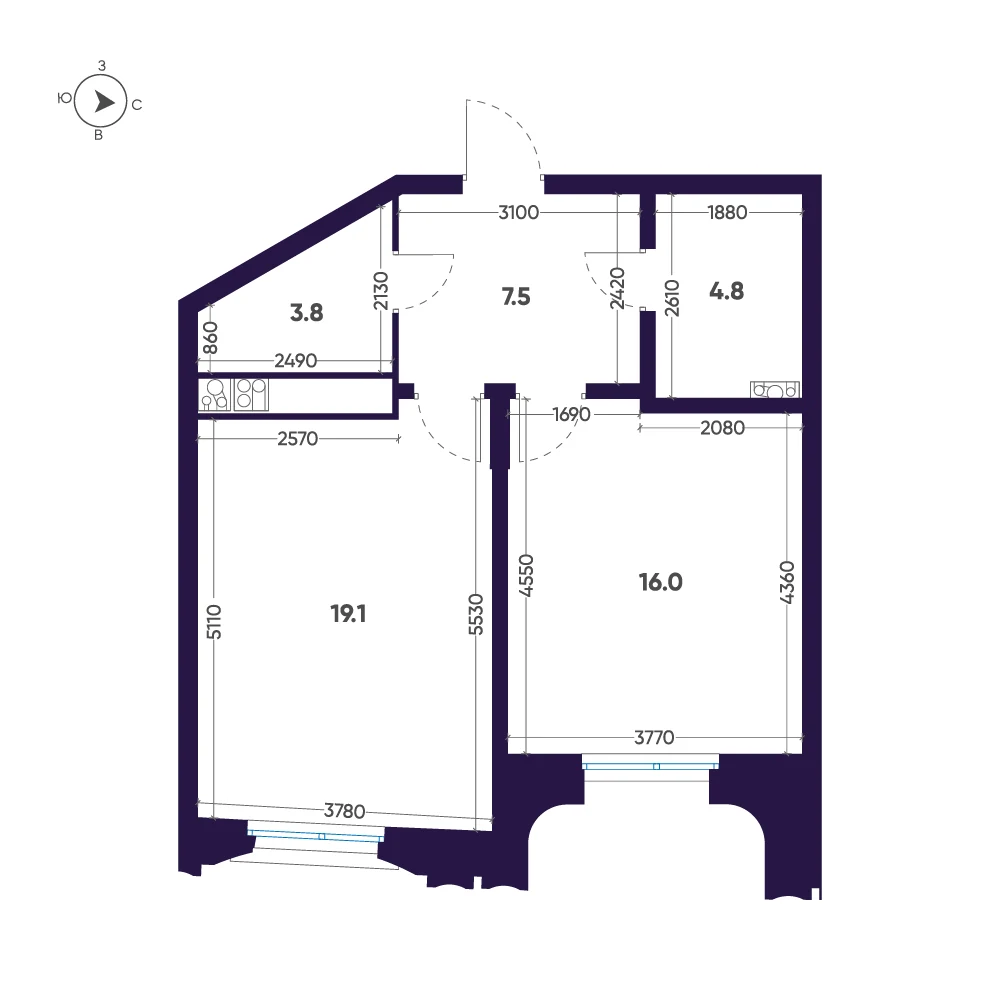 Планировка 1-комнатная 51,2 м² в доме «Мариинка Deluxe» — Дом «Мариинка Deluxe»