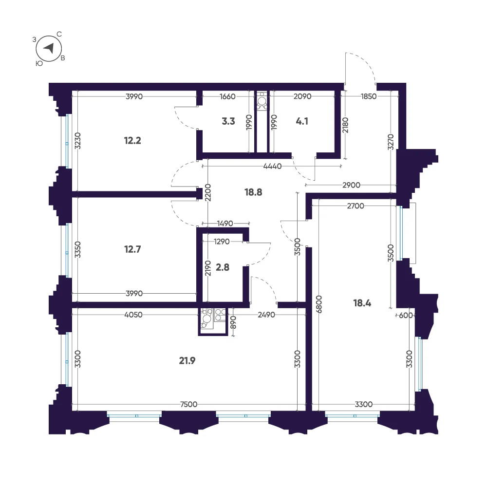 Планировка 3-комнатная 94,2 м² в доме «Мариинка Deluxe» — Дом «Мариинка Deluxe»