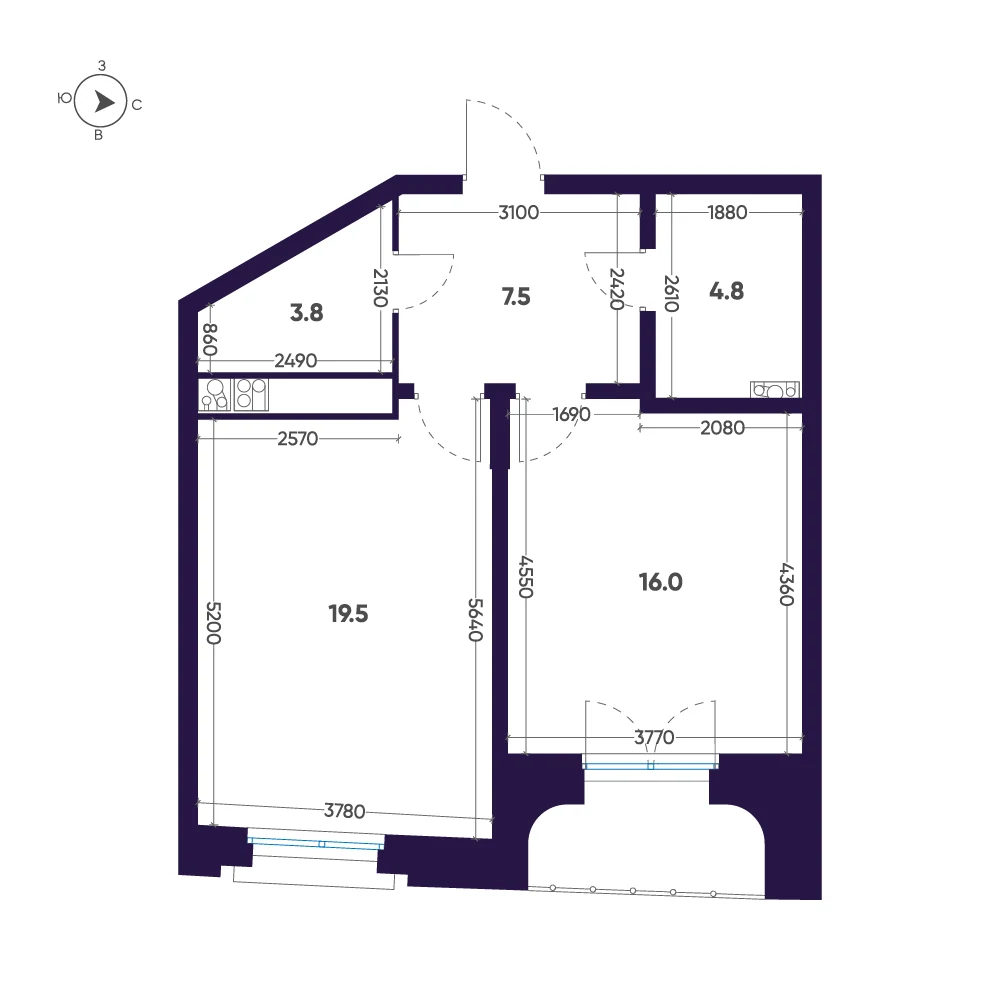 Планировка 1-комнатная 53,6 м² в доме «Мариинка Deluxe» — Дом «Мариинка Deluxe»