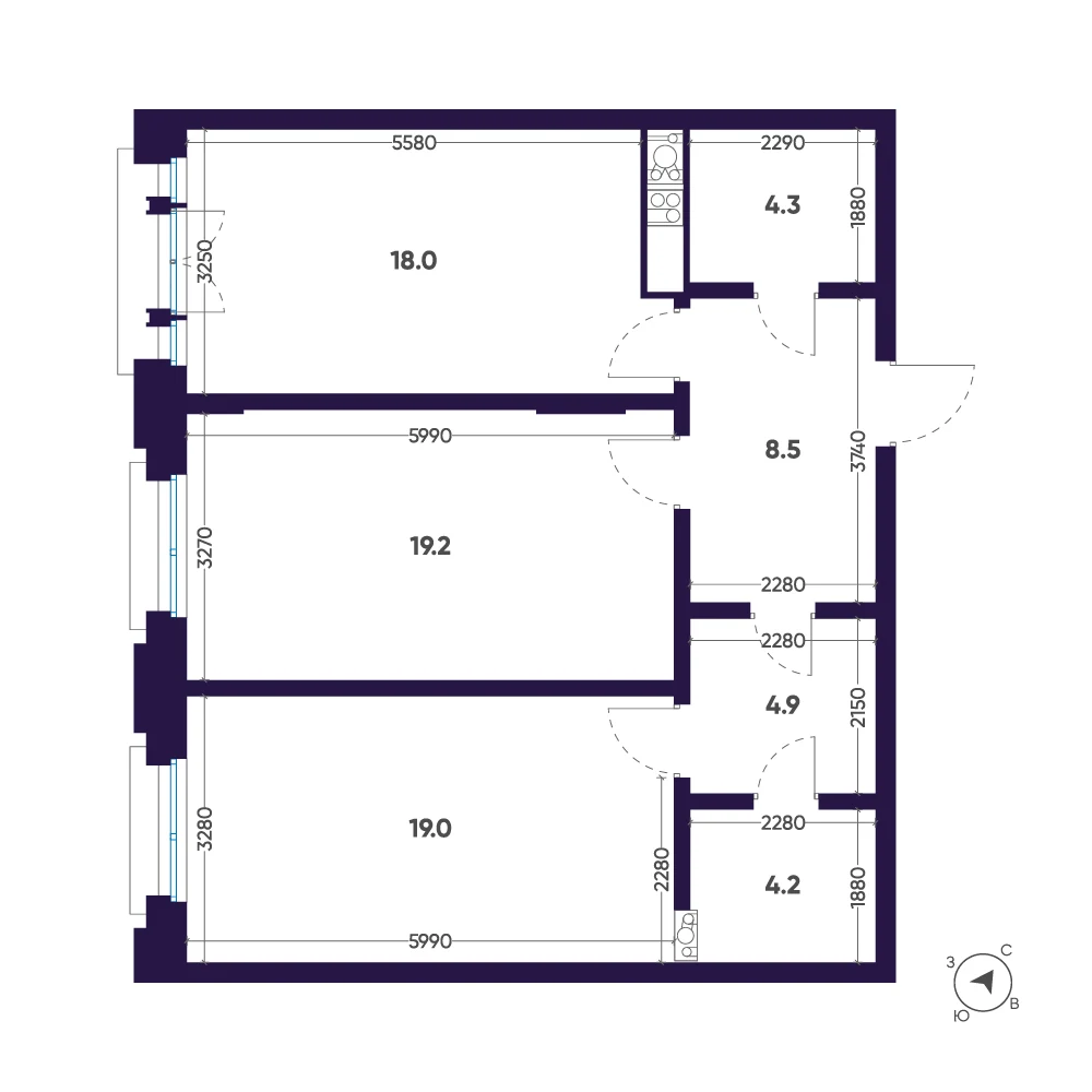 Планировка 2-комнатная 78,1 м² в доме «Мариинка Deluxe» — Дом «Мариинка Deluxe»