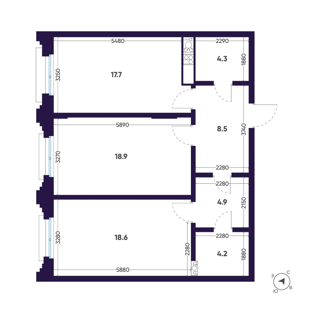 Планировка 2-комнатная 77,1 м² в доме «Мариинка Deluxe» — Дом «Мариинка Deluxe»