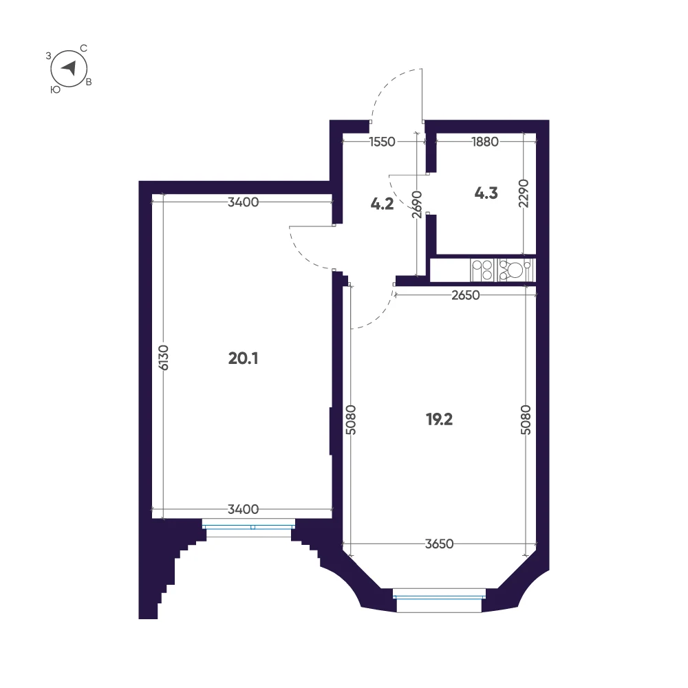 Планировка 1-комнатная 47,8 м² в доме «Мариинка Deluxe» — Дом «Мариинка Deluxe»